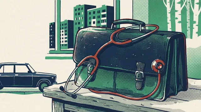 Стетоскоп лежит на закрытом кожаном портфеле, прижав головку к его боку.