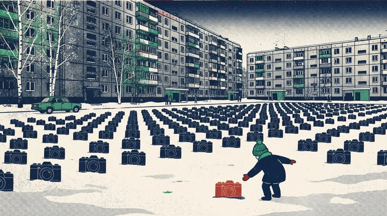 Заснеженный двор, заполненный рядами одинаковых тёмно-синих камер; на переднем плане один красный корпус, к нему тянется маленькая фигура.