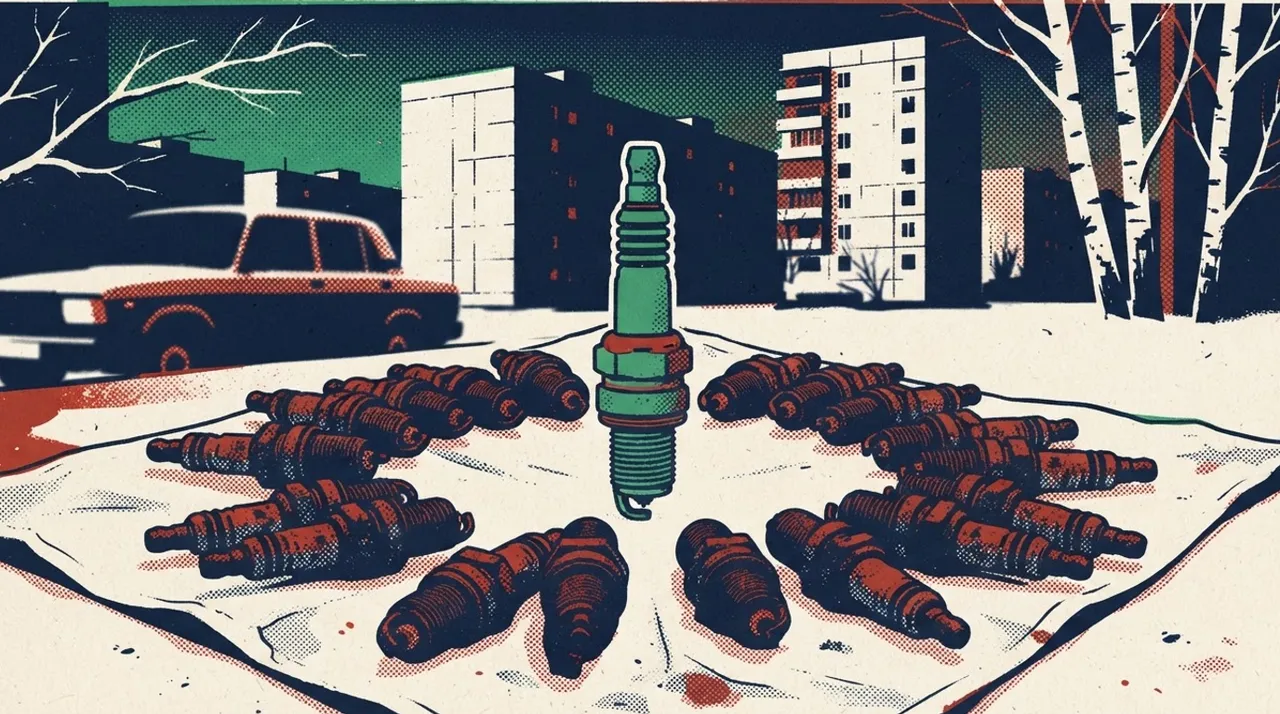 Зелёная свеча зажигания стоит вертикально на чистой ткани, вокруг неё кольцом лежат ржавые тёмно-синие свечи.