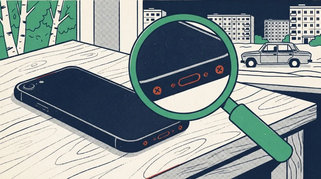 Смартфон лежит экраном вниз на деревянном столе, над его нижней гранью нависает большая лупа, показывающая два сорванных винта, подсвеченных красным.