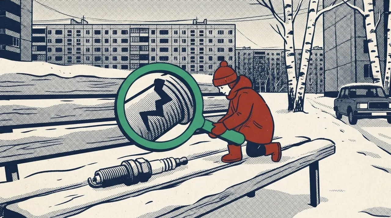 Маленькая фигура в кирпично-красном пальто держит зелёную лупу над тёмно-синей свечой зажигания на заснеженной скамейке, показывая скрытую трещину.