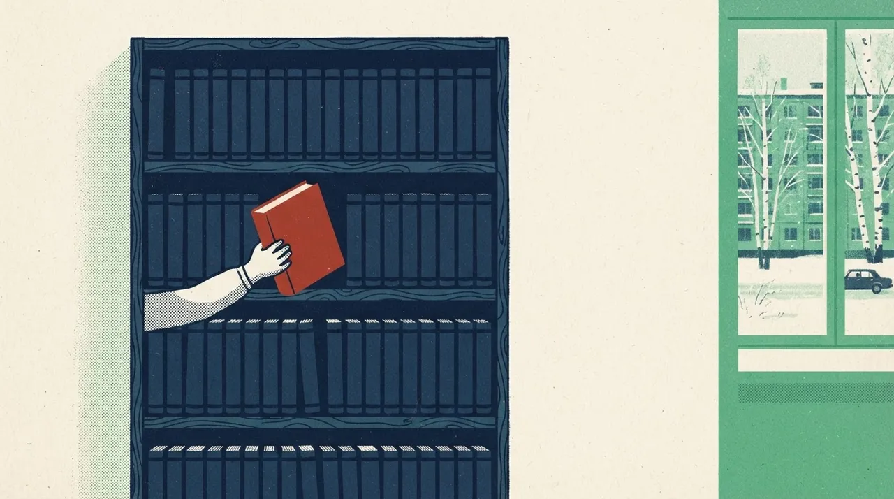 Высокий книжный шкаф с рядами одинаковых синих книг, одна красно-кирпичная книга наполовину выдвинута маленькой рукой.