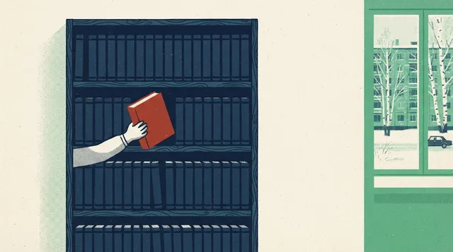 Высокий книжный шкаф с рядами одинаковых синих книг, одна красно-кирпичная книга наполовину выдвинута маленькой рукой.